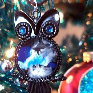 Handcrafted Pour Painted Owl with Swarovski Crystals For Eyes on a Rope Chain